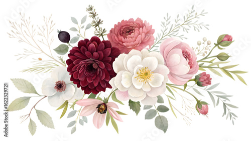 Elegant watercolor floral arrangement with deep red and pink peonies and white anemones on black background