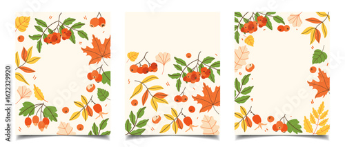 set of minimalist autumn posters, templates, and postcards with berries and leaves