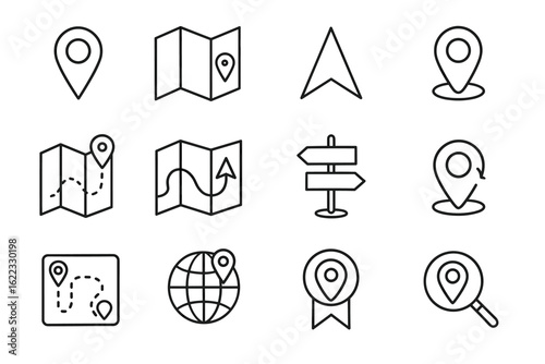 Set of navigation icons featuring maps, pins, and directional symbols for travel and exploration