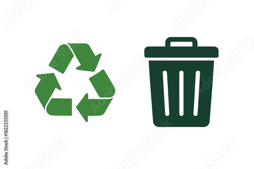 Green recycling symbol and dark green trash bin icon on white background