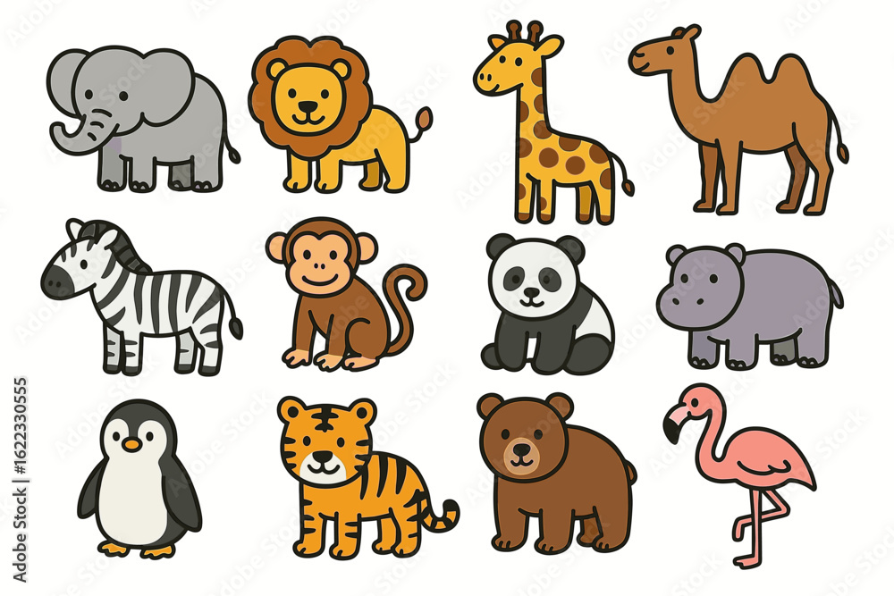 Fototapeta premium Cute cartoon animals collection: elephant, giraffe, zebra, panda, and more