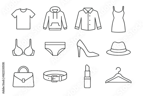 Simple line icon set of clothing and accessories