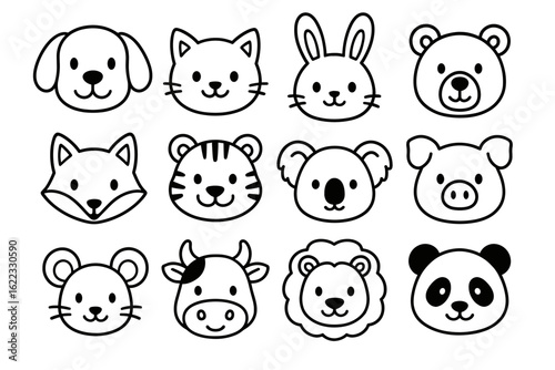 Cute black and white animal faces: dog, cat, rabbit, bear, fox, tiger, koala, pig, mouse, cow, lion, panda