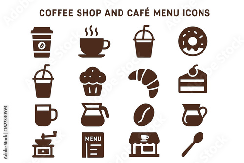 Coffee shop and café menu icons set: drinks, desserts, bakery items