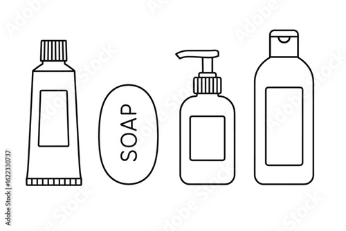 Outline of toiletry products: toothpaste, soap, lotion, and shampoo bottles