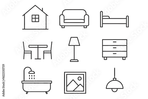 Minimalist home furniture icons set including sofa, bed, table, lamp, and more