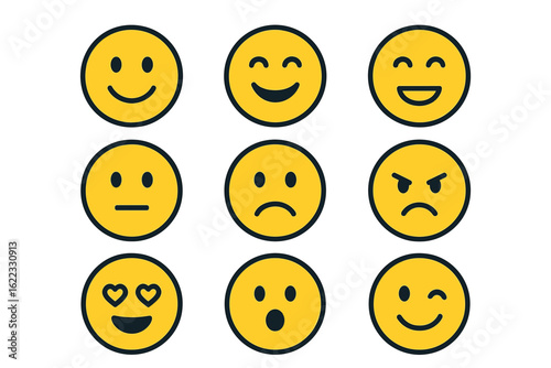 Nine yellow emoji faces showing various emotions including happy, angry, and surprised