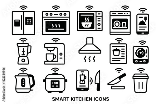 Smart kitchen appliance icons: modern technology for cooking and connectivity