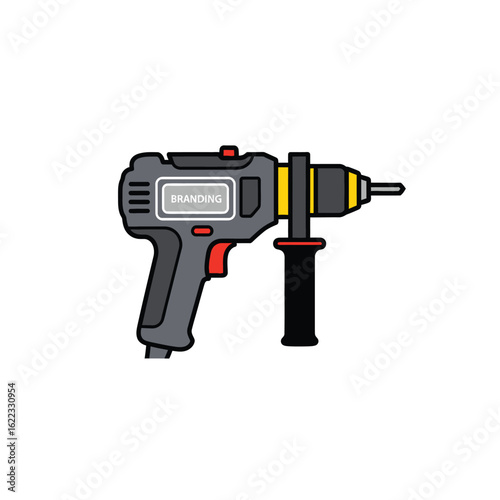 Illustration of a gray electric drill with a black handle and red accents, isolated on a white background.