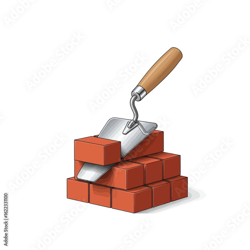 A trowel positioned over a stack of red bricks, illustrating construction.