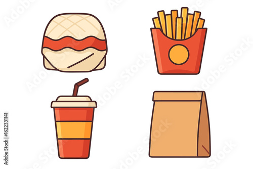 Cartoon fast food set: burger, fries, drink and paper bag icons
