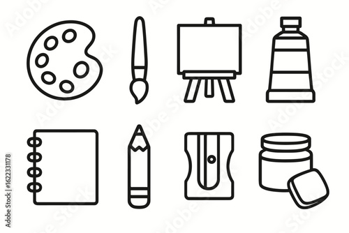 Art supplies outline: palette, brush, easel, paint tube, notebook, pencil, sharpener, jar