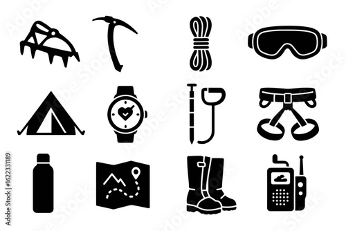 Essential mountaineering gear icons: crampons, ice axe, rope, goggles, tent, watch, boots