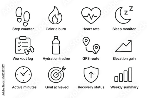 Fitness tracking icons including heart rate and sleep monitor for health management