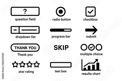 User interface elements: buttons, bars, and icons for digital design