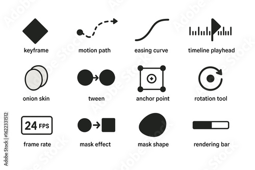 Animation tools icons: keyframe, motion path, easing curve, timeline, onion skin