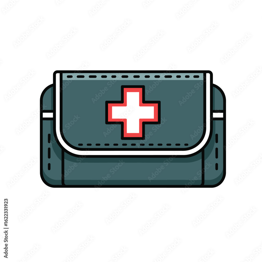 Fototapeta premium First aid kit illustration with a red cross symbol on a teal bag, isolated on white.