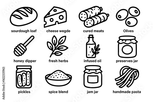 Sourdough, cheese, cured meats, olives, honey, herbs, oil, preserves, pickles, spices, jam, pasta icons