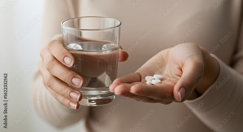 Person Holding Glass of Water and White Pills in Hand in Neutral Indoor Setting Person Holding Glass of Water and White Pills in Hand in Neutral Indoor Setting