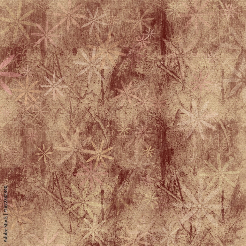 Fototapeta premium Vintage grunge floral background with textured starburst flowers in sepia tones