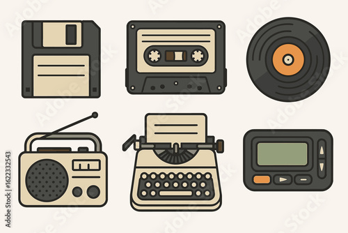 Vintage technology icons - floppy disk, cassette tape, vinyl record, radio, typewriter, pager