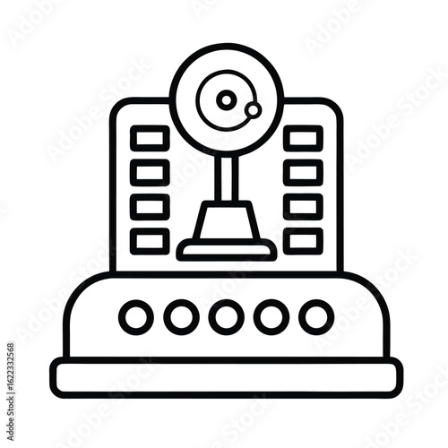 A stylized black and white line art icon depicting a retro futuristic machine with a solar system model on top and circular controls.