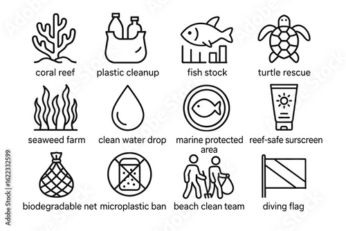 Marine conservation icons: coral, plastic, seafood, and wildlife protection symbols