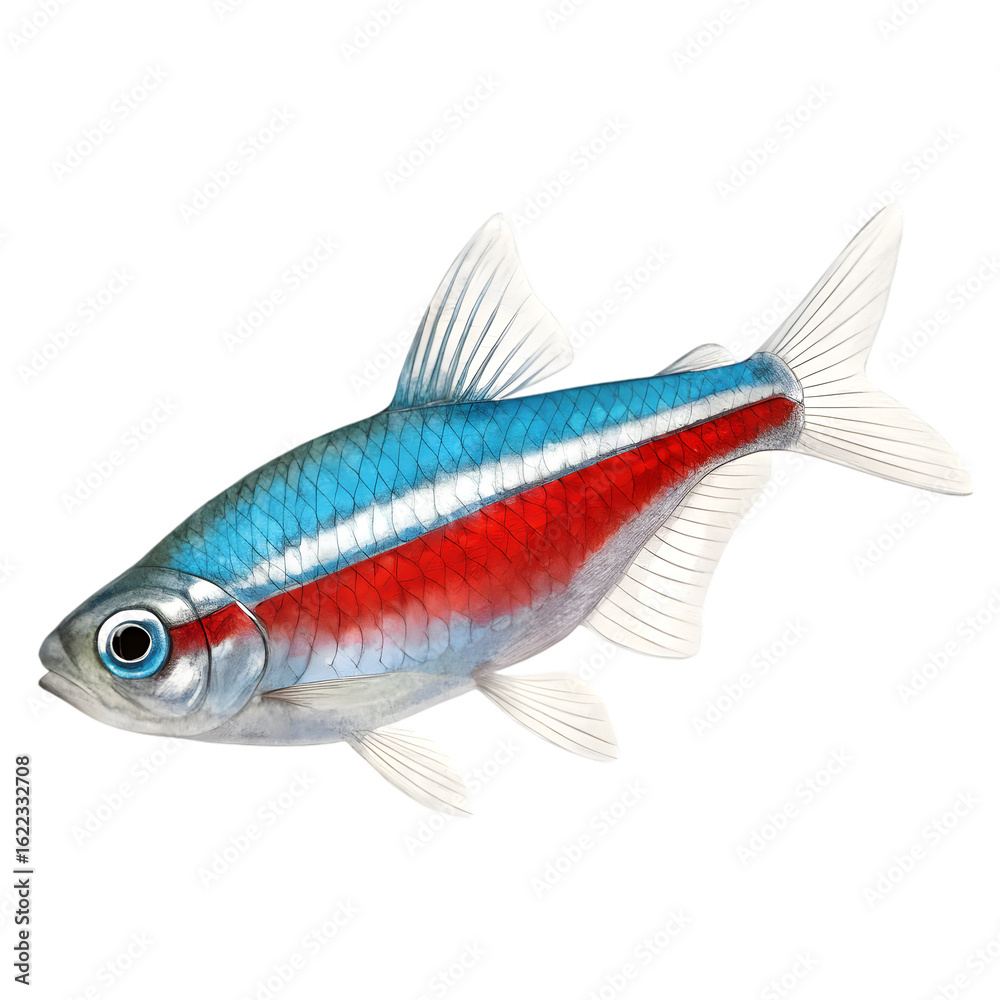 Obraz premium Realistic whole neon tetra fish with a slim torpedo-shaped body and glowing blue-red stripe.