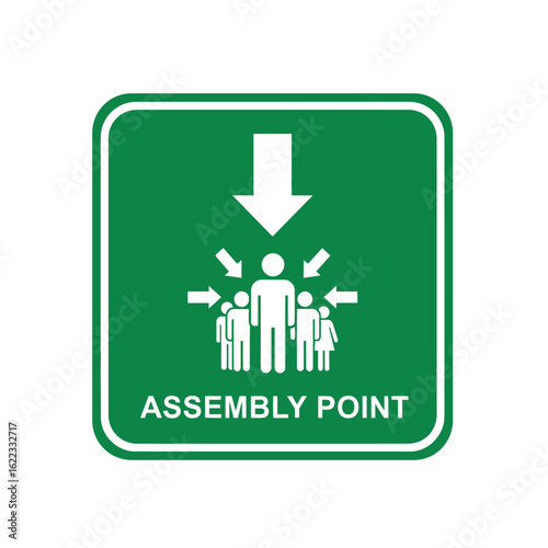 Green square sign designates assembly point during emergency; people converging on central figure.