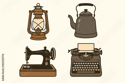 Vintage tools collection: lamp, kettle, sewing machine, typewriter illustration