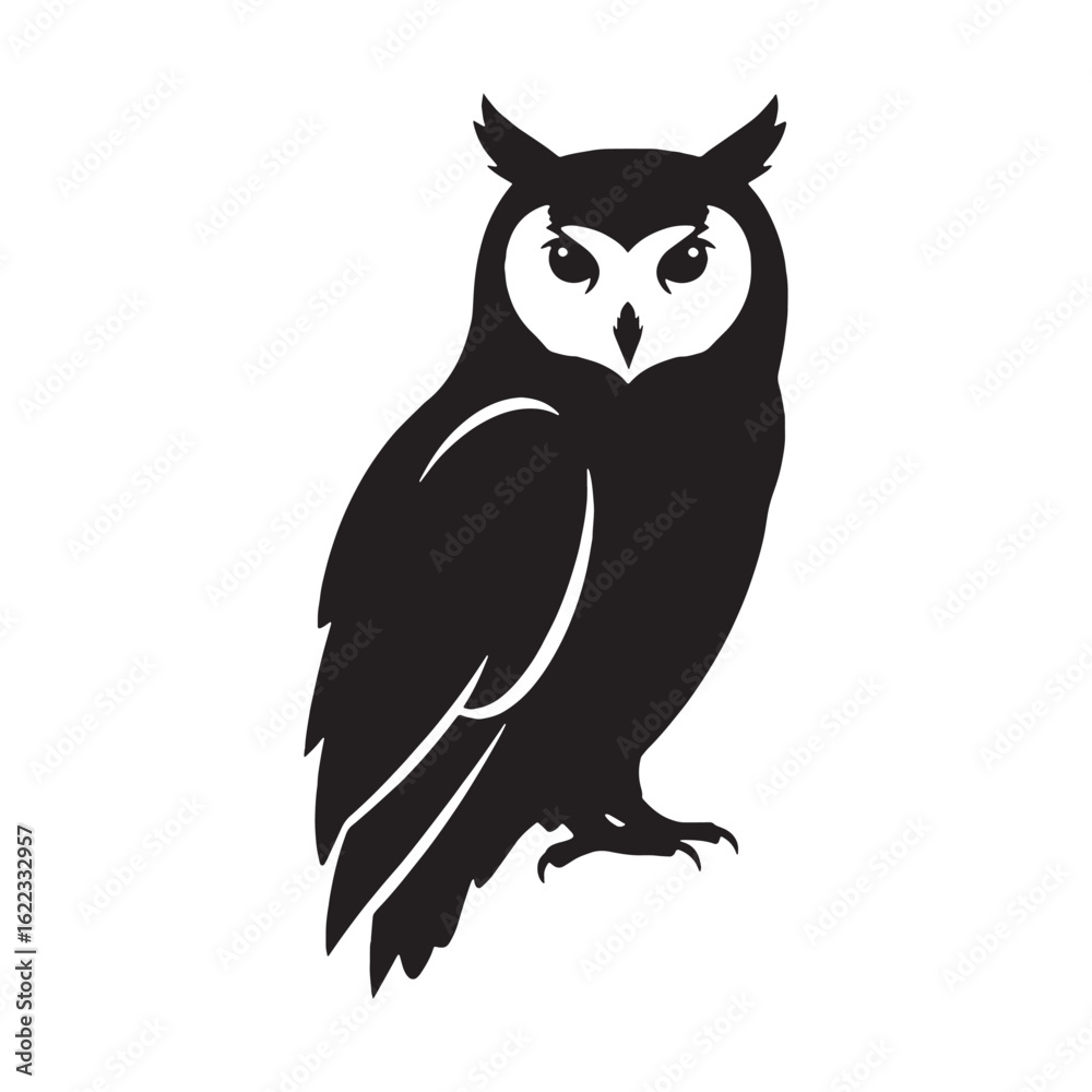 Fototapeta premium Tall Owl Silhouette – Owl Vector Art Reflecting Distinctive Large‑Eyed Bird Form – Owl Illustration – Bird Silhouette – Silhouette of Owl
