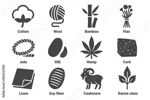 Icons of natural fibers: cotton, wool, bamboo, flax, and more textile materials