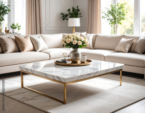 Modern beige living room with marble coffee table