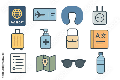 Travel essentials icons: passport, ticket, luggage, map, bottle, glasses