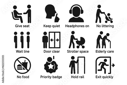 Public transportation courtesy icons: etiquette symbols for a smooth commute