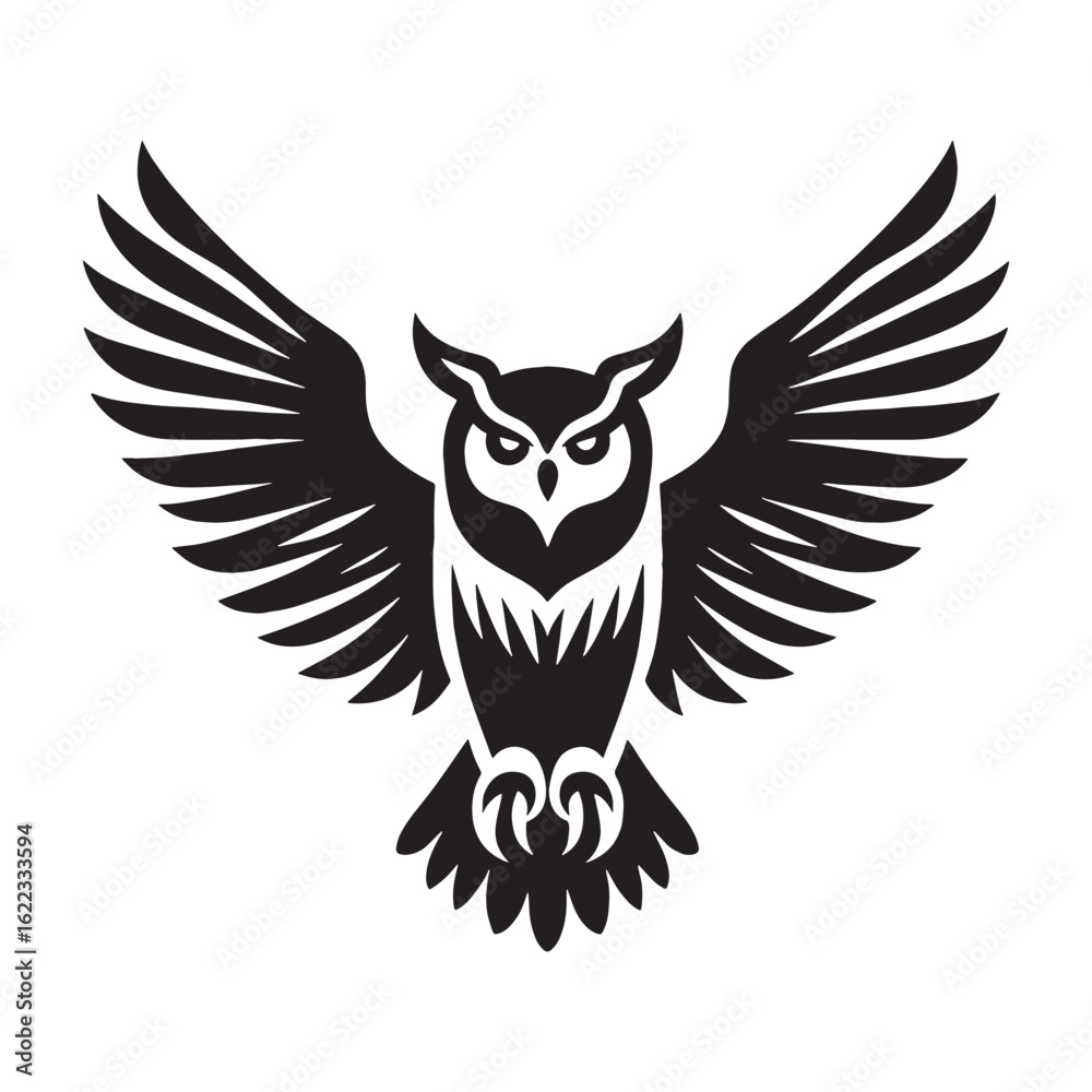 Obraz premium Wise Owl Silhouette – Owl Vector Artwork Highlighting Large‑Eyed Nocturnal Bird – Owl Illustration – Bird Silhouette – Silhouette of Owl