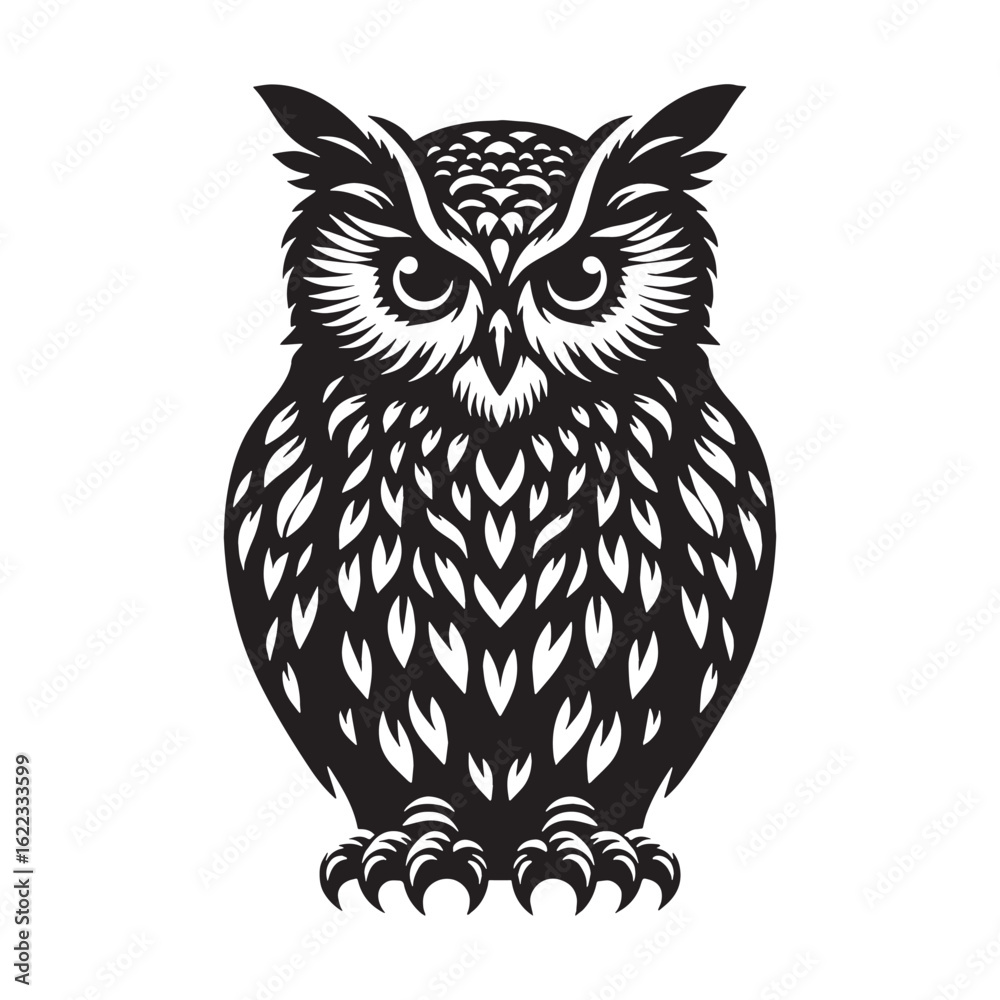 Obraz premium Nocturnal Owl Silhouette – Owl Vector Graphic with Distinct Bird of Prey Shape – Bird Silhouette – Black Vector of Owl