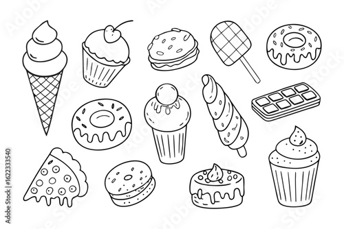 Sweet Delights: A charming collection of hand-drawn sweets. Including a creamy ice cream cone, a delectable cupcake, a scrumptious sandwich.