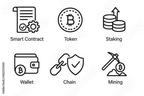 Cryptocurrency concepts: smart contract, token, staking, wallet, chain, mining icons