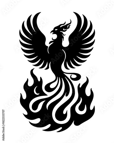 Rising phoenix emblem with powerful wings ablaze