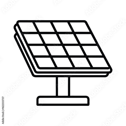 A black and white line drawing icon representing a solar panel mounted on a stand, suitable for representing renewable energy.