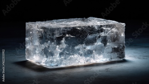 Large, rectangular ice cube, translucent, fractured surface, dark background
