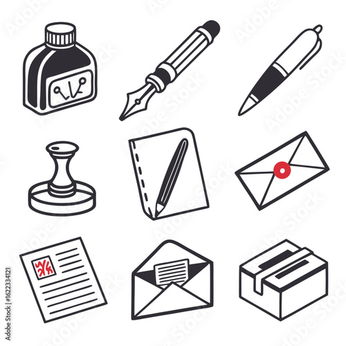 Illustration Vector of Stationery Items Collection including Inkwell Pen Letter Stamp and Package in Monocolor Modern Style