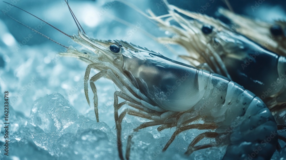 Fresh, raw shrimps on ice, close-up view. Fresh, raw shrimps on ice, close-up view.