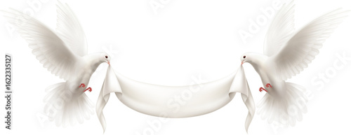 Doves of peace holding a banner: Two pristine white doves gracefully soar, each carrying a blank banner, symbolizing unity, peace, and hope. A perfect illustration for messages of harmony.