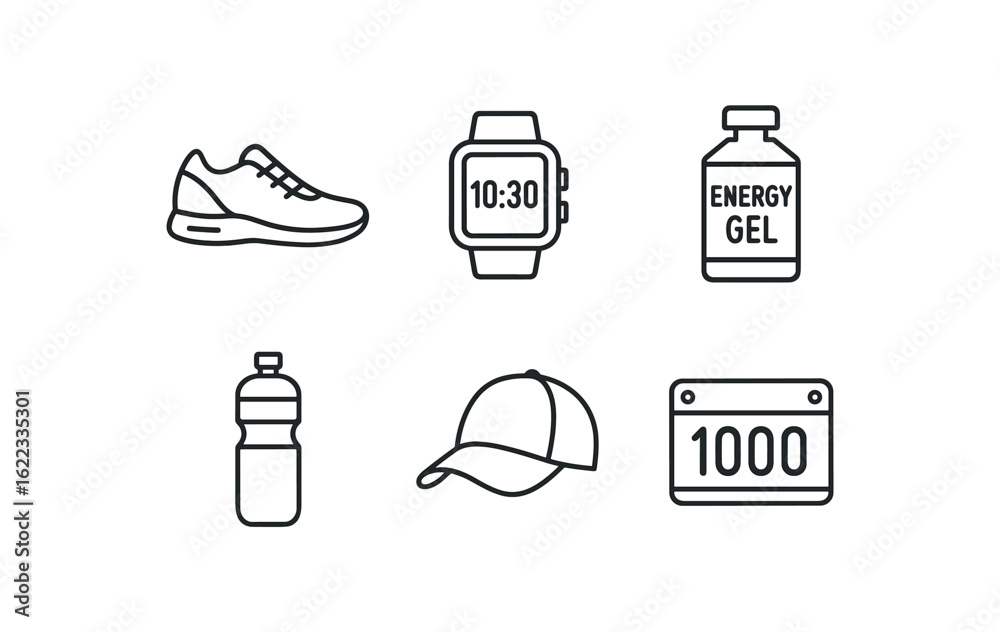 Fototapeta premium simple outline stroke icon items marathon runner (gear): running shoes sports watch energy gel water bottle running cap race bib monoline icons style isolated on white background
