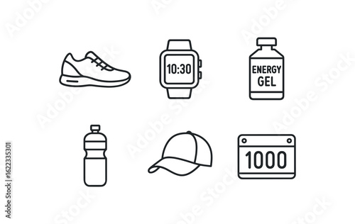 simple outline stroke icon items marathon runner (gear): running shoes sports watch energy gel water bottle running cap race bib monoline icons style isolated on white background