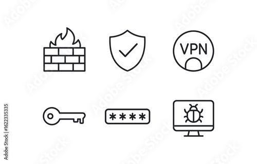 simple outline stroke icon items cybersecurity analyst (tools): firewall icon antivirus shield VPN tunnel security key password field threat detector monoline icons style isolated on white