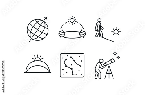 simple outline stroke icon items winter solstice ( simple outline stroke icon itemsonomy): earth tilt solstice diagram longest shadow sun path constellation map stargazer monoline icons