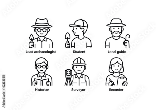 simple outline stroke icon items archaeological dig (team): lead archaeologist student local guide historian surveyor recorder monoline icons style isolated on white background